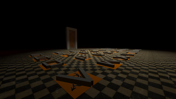 TF2 screenshot of a dark lit room, with a door and giant letters on the floor with grafitti underneath them